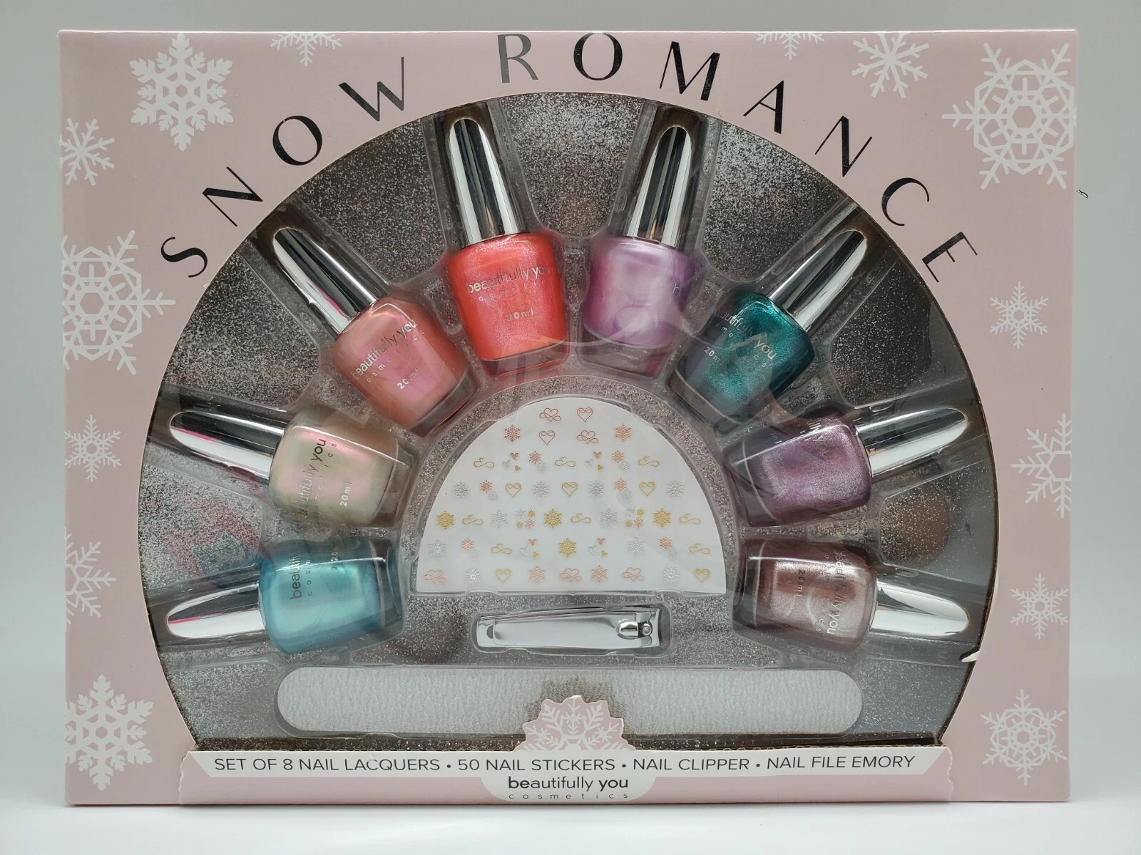 SNOW ROMANCE 8 Nail Lacquers+50 Nail Stickers+Nail Clipper+Nail File Emory Set