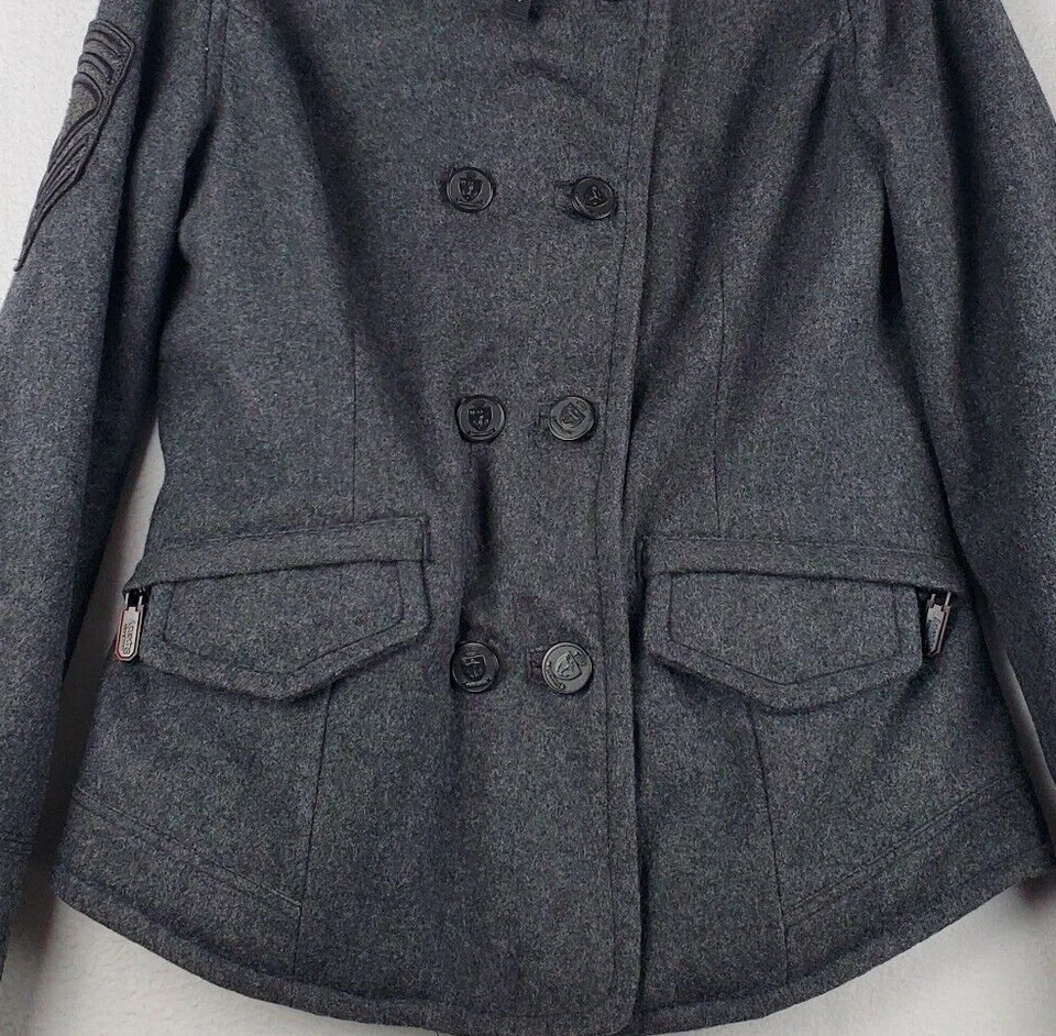 Superdry Chaqueta Patsy Mujer Grande Gris Lana Doble Pecho Exterior Etiqueta Azul Marino Foto 4 de 4