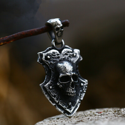 Mens Stainless Steel Skull Shield Pendant Necklace Gothic Punk
