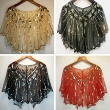 Women's 1920s Sequin Shawl Poncho Evening Cape Flapper Bolero Wedding Shirt Wrap
