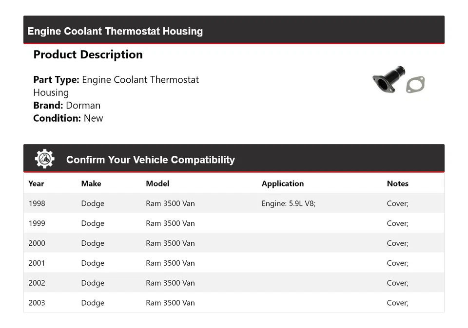 For 1998-2003 Dodge Ram 3500 Van Dorman Engine Coolant Thermostat Housing 1999 - Image 2 of 4