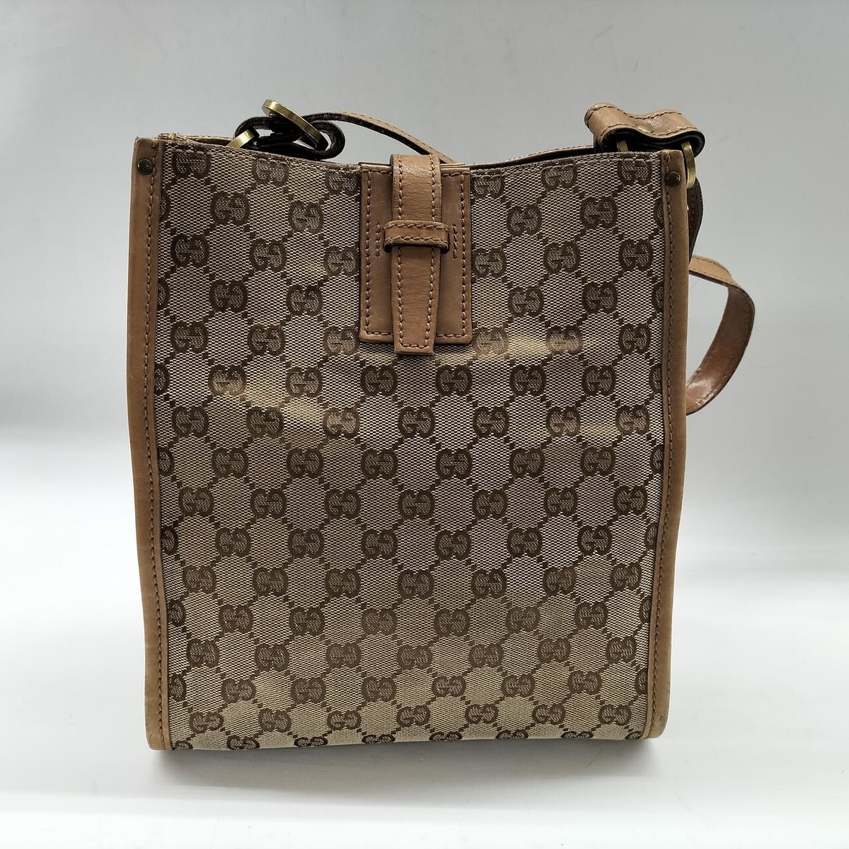ブラウンレザーショルダーバッグ Authentic GUCCI gg canvas shoulder bag 110292 001998 canvas