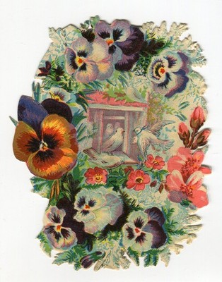Glanzbild Oblaten scraps  Blumen  Stiefmütterchen Tauben 12,5 cm