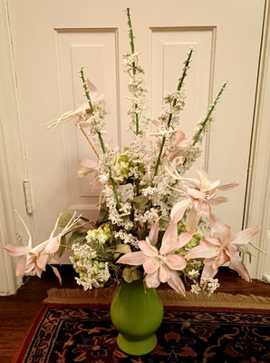 Pink Lily Delphinium Hydrangea Faux Silk Flower Arrangement Floral Green Vase