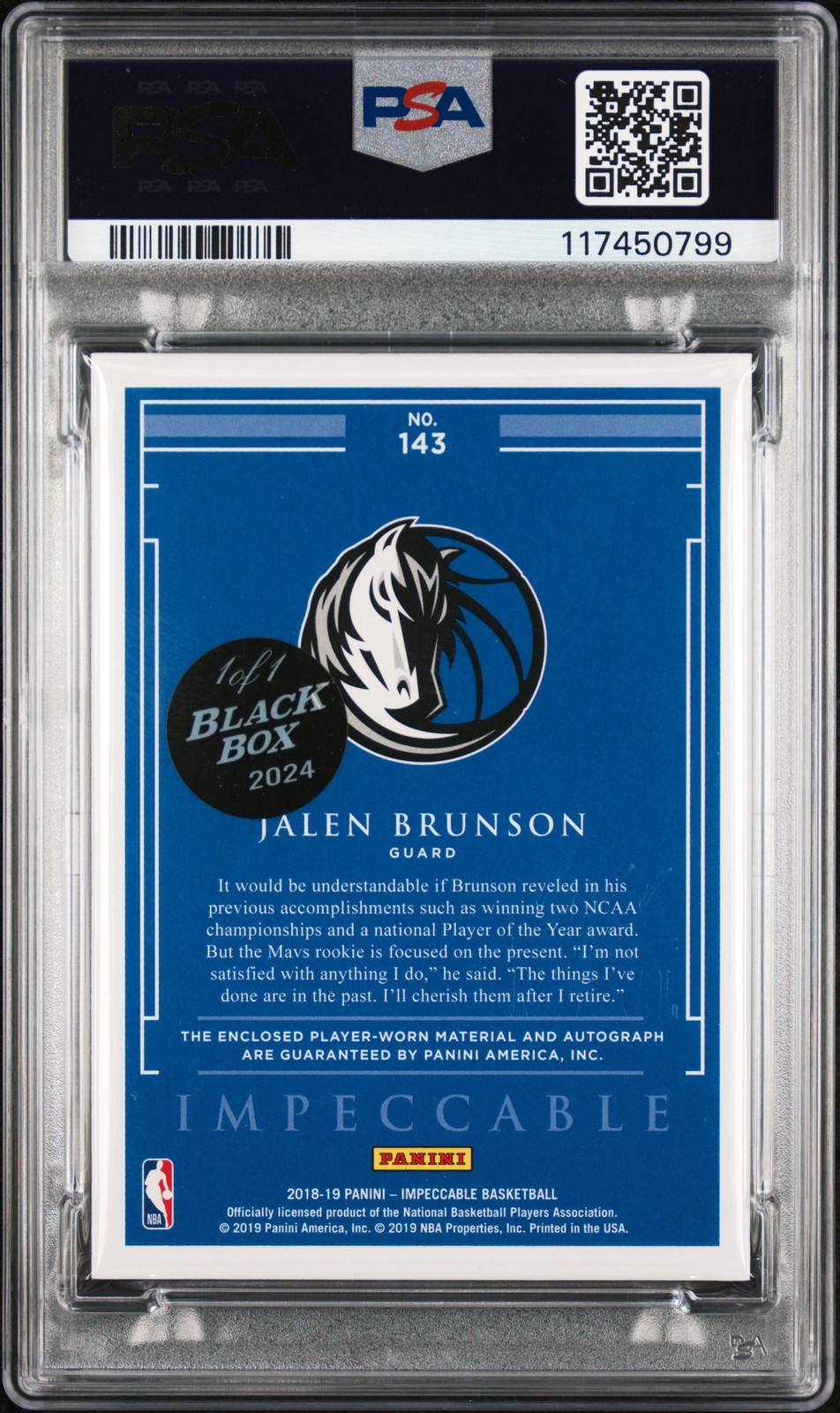2024 PANINI BLACK BOX IMPECCABLE JERSEY AUTO JALEN BRUNSON 1/1 PSA 9 AUTO 10 view 2