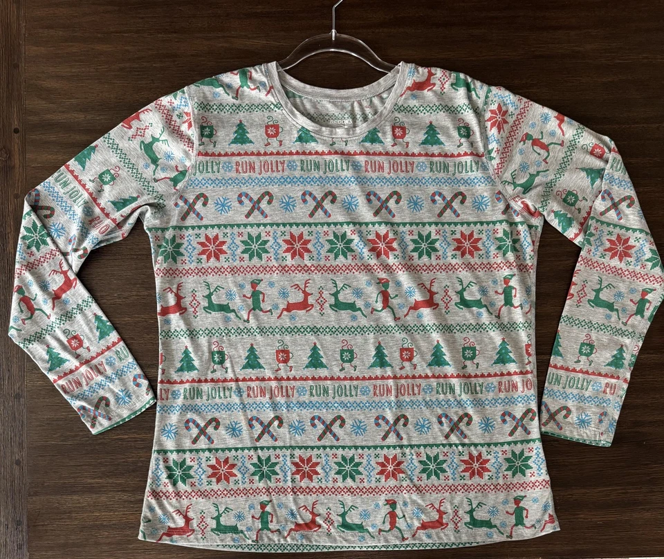 Camisa Brooks Para Hombres XL Gris Correr Alegre Navidad Manga Larga Correr Camiseta Cuello Redondo Foto 2 de 4