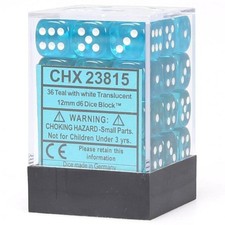 Chessex Chx23815 Translucent Dice: 36D6 Set, 12Mm, Teal/White