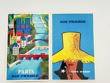 Set of 2 Vintage 1962 Air France Postcards: (1)- Cote d Azur & (1)- Paris