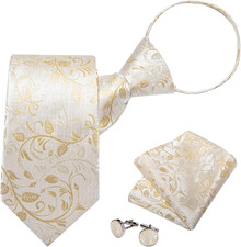 Silk Zipper Ties for Men,Paisley Solid Plaid Pre-tied Tie and Pocket Square Cuff