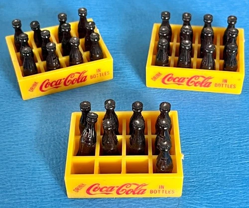 Vintage Miniature Toy Coca-Cola 12 Mini Bottles with Yellow Crate Plastic (3)