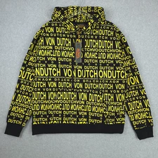 Von Dutch Hoodie Mens Large Black AOP All Over Print Logo Pullover Heavyweight