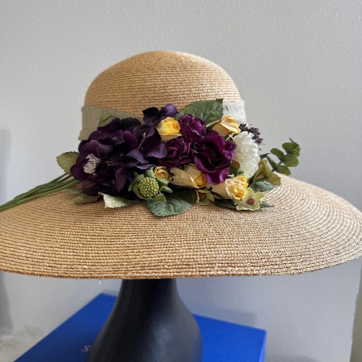 Wide-Brim Yellow Straw Hat with Purple Flower Accent Consider this your hat inspo for next year: main image 4