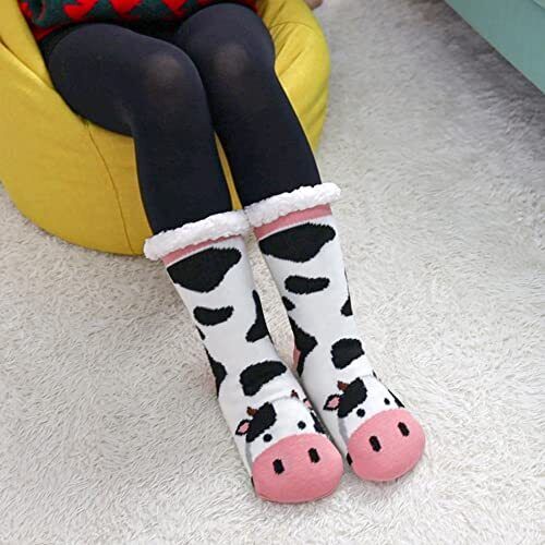 Mujer Invierno Zapatilla Calcetines Con Pinzas Acogedor Cálido Lindo Vaca-Blanco y Negro) - Imagen 4 de 6
