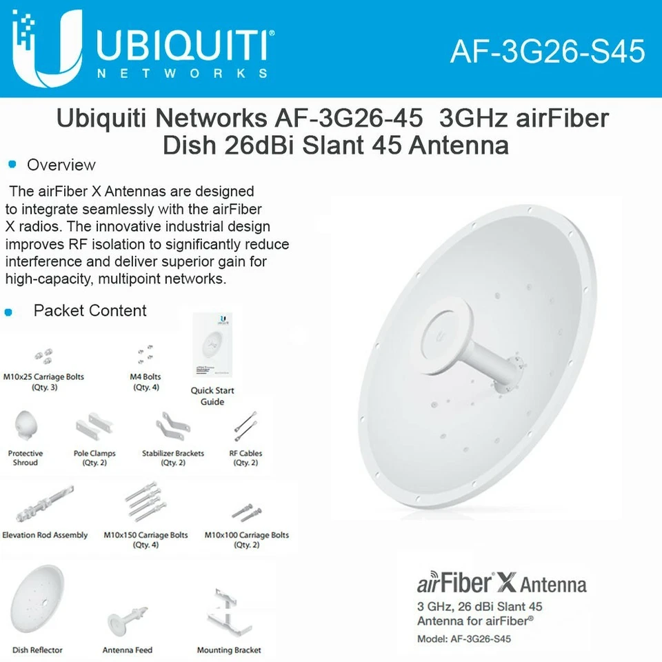 Ubiquiti AF-3G26-S45 airFiber Antenna 3GHz 26dBi Wireless Antenna 45deg Slant - Image 2 of 2