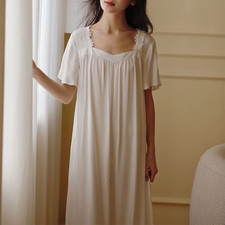 Elegant White Viscose Nightdress with Lace Ideal for Summer Lounging, Spa Bridal