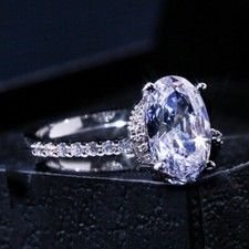  925 Sterling Silver Plated Oval Finger Ring Band CZ 4 Prong Setting Wedding 