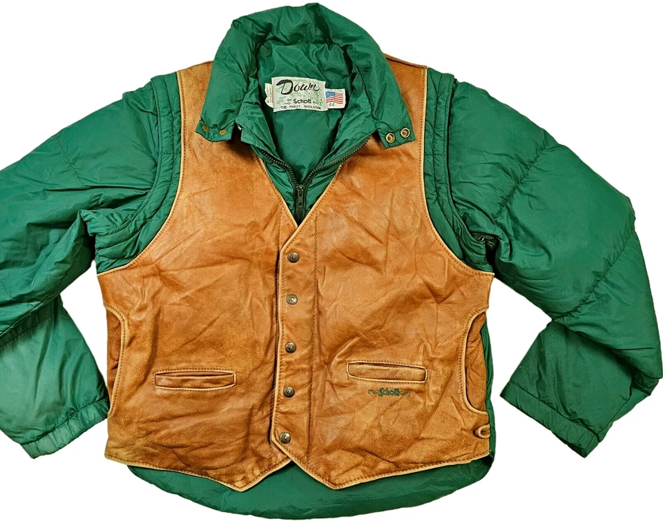 *HOT VTG Men's SCHOTT SPORTS QUILTED DOWN PUFFER GREEN BROWN LEATHER Jacket 44 M - Image 2 of 4