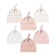 6 Pack Baby Newborn Hats Set Checkered,dots,white Dots,beige,pink,baby Pink