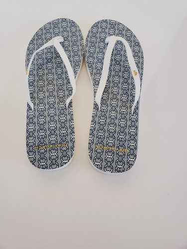 Tory Burch Flip Flops Slippers Women White Blue Geometric Pattern Slip On Sz 6.5 - Picture 4 of 15