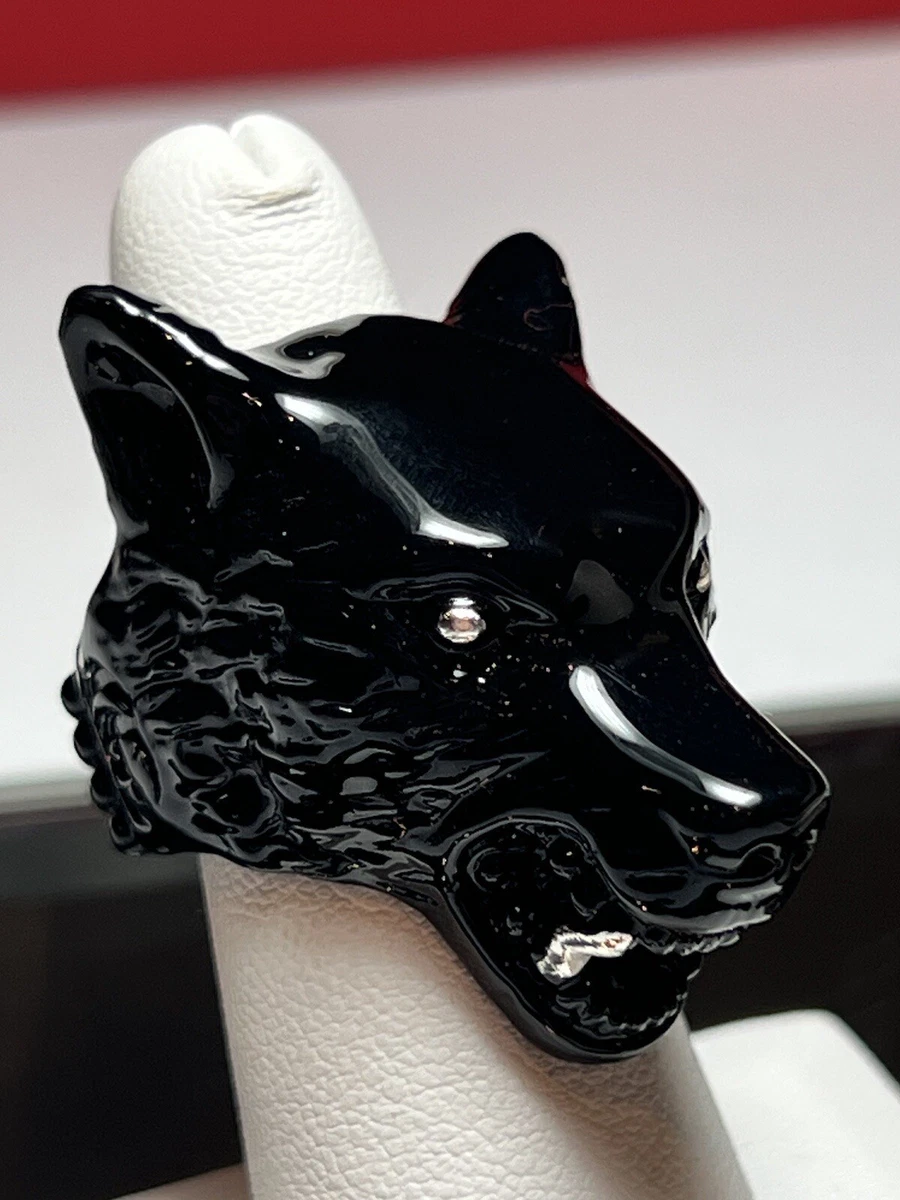 Gucci Silver Sterling ANGER FOREST WOLF HEAD RING IN ENAMEL IN
