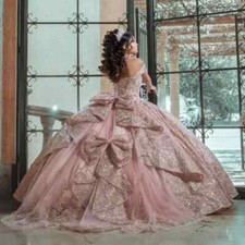 Quinceanera Dresses Luxury Pink Sequin Lace Applique Prom Ball Gown Sweet 15 16