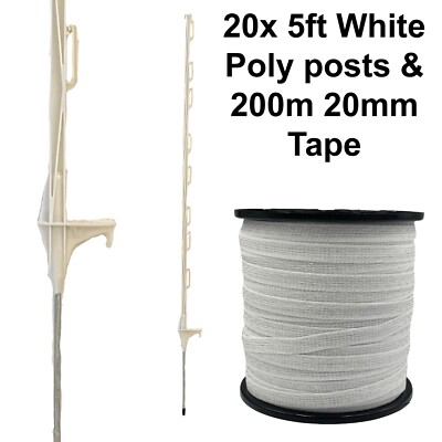 20 x 160 cm Elektrozaun weiße Pfosten mit 200 m 20 mm Polyband Zaun