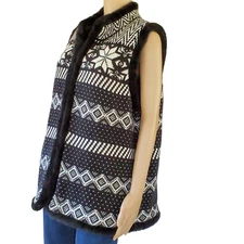 CJ Banks Winter Vest Women's 1X Fair Isle Knit Black & White Lined Sleeveless