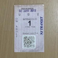 NJ Transit Newark Light Rail: One Way Adult Ticket - NJ Transit Collectables.