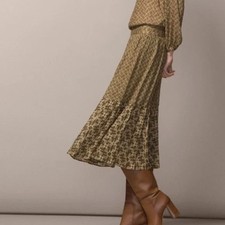 Massimo Dutti Viscose Cottagecore Floral Print Pleated Midi Skirt Olive Green S