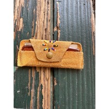 Vintage Arizona Suede Leather Beaded Travel Grooming Kit Mirror Comb Tan Western