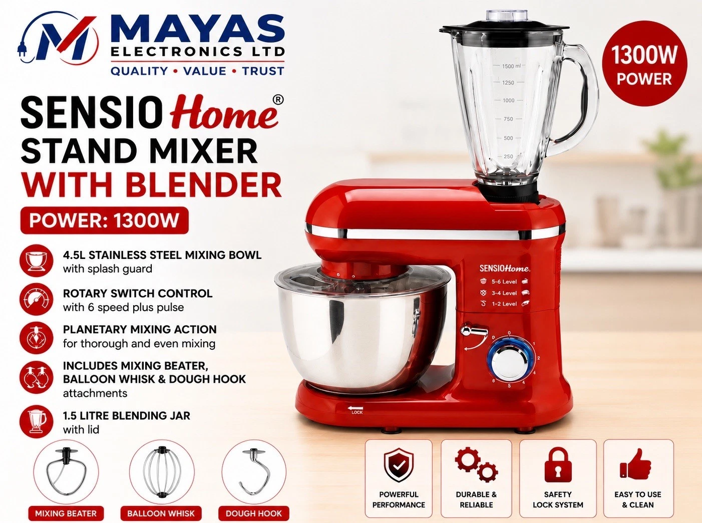 Sensio Home 2-in-1 Food Processor Blender & Stand Mixer - 1300W - RED