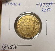 1855 France Gold 20 Francs Coin .90 Fine 0.1867 Troy Oz