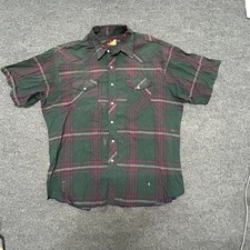 Wrangler Western Shirt Mens XXL Green Plaid Pearl Snap Short Sleeve Distressed