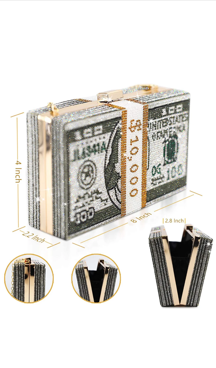 Money Stack $10,000 Clear & Gold Rhinestone Clutch Bag Evening