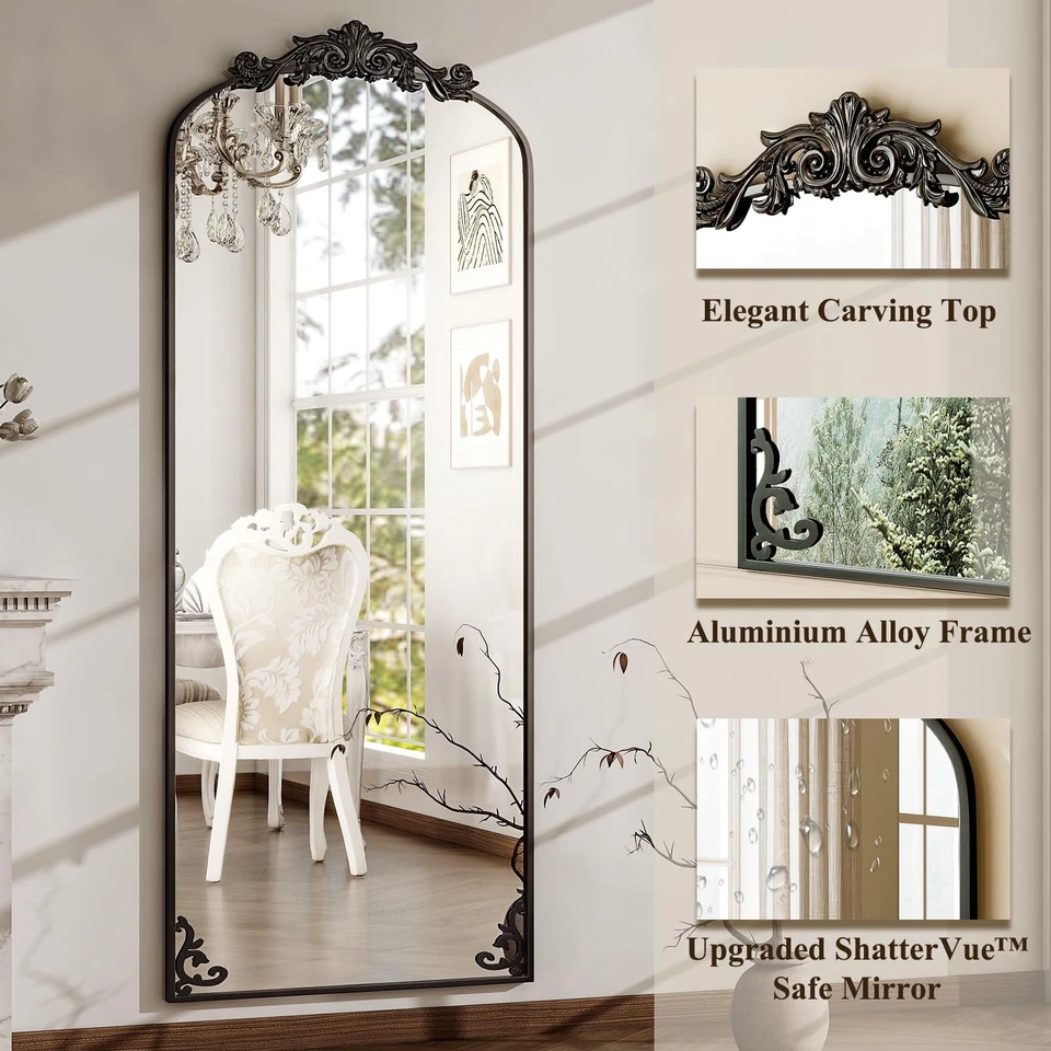 Espejo de cuerpo completo arqueado tallado grande vintage 64"x 21" con... Foto 4 de 4