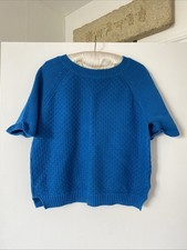 Short Cobalt Blue Knitted Retro Style Shirt Sleeve Jumper ~ Size: 12