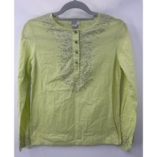 Y2K Guess Sequin Blouse Lime Green Tunics Henley Top Silver Beads XS Vtg