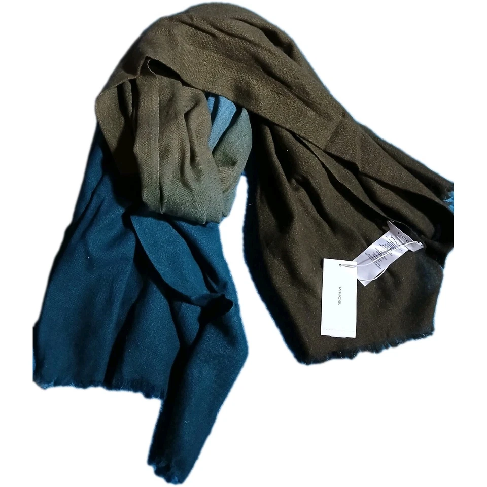 Vince Wool & Cashmere Blend Large Ombre Wrap Scarf Teal Blue Olive Green - Image 2 of 4