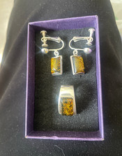 925 sterling silver genuine yellow amber pendant & drop earrings jewellery set