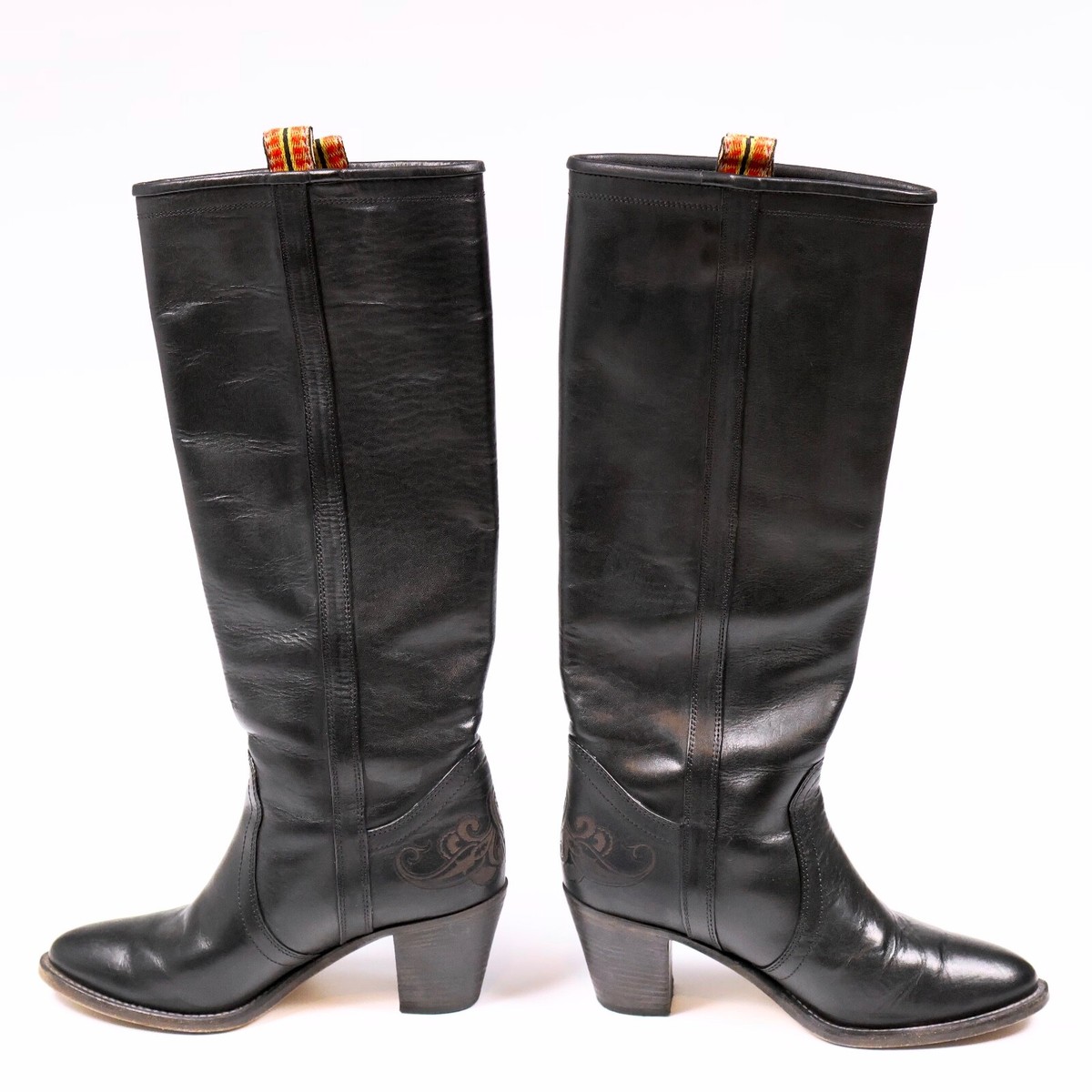 Etro Black Leather Knee Length Boots Western Carving Size US