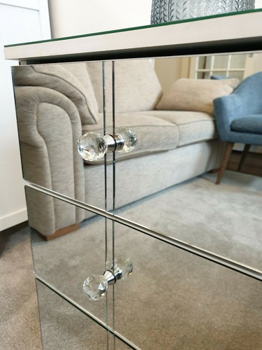 Mirrored Glass Bedside Table Cabinet 3 Drawer Chest Crystal Handles Handmade UK - Picture 6 of 12