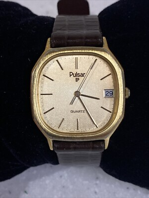 #ad Vintage Pulsar Y552 5059 Quartz Gold Dial Date Gold Color Case Men#x27;s Watch Runs $34.99