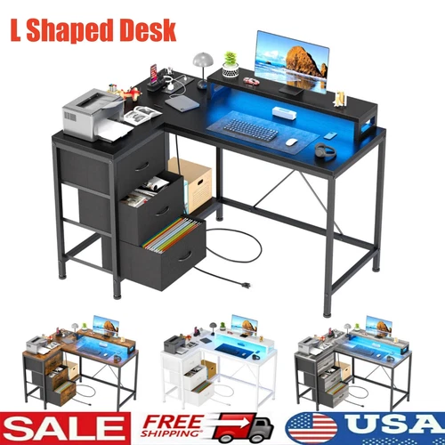 L Shaped Desk with Power Outlets and 3 Drawer LED Lights Corner Computer Desk