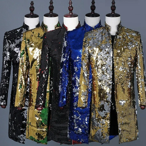 Men Reversible Two Tone Sequin Longline Jacket Suit Blazer Cabaret Carnival Tops - Picture 2 of 21
