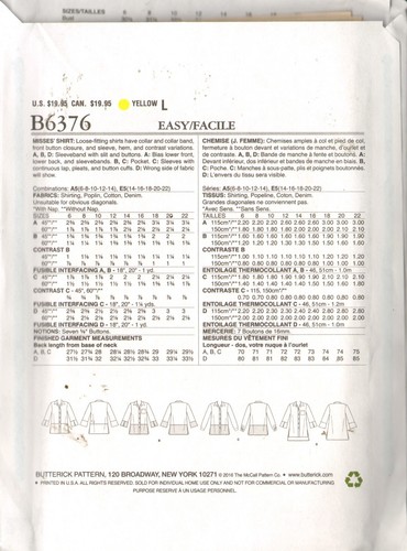 Butterick B6376 Sewing Pattern Women's Loose Fitting Shirts Size 14-22 uncut - Picture 2 of 2