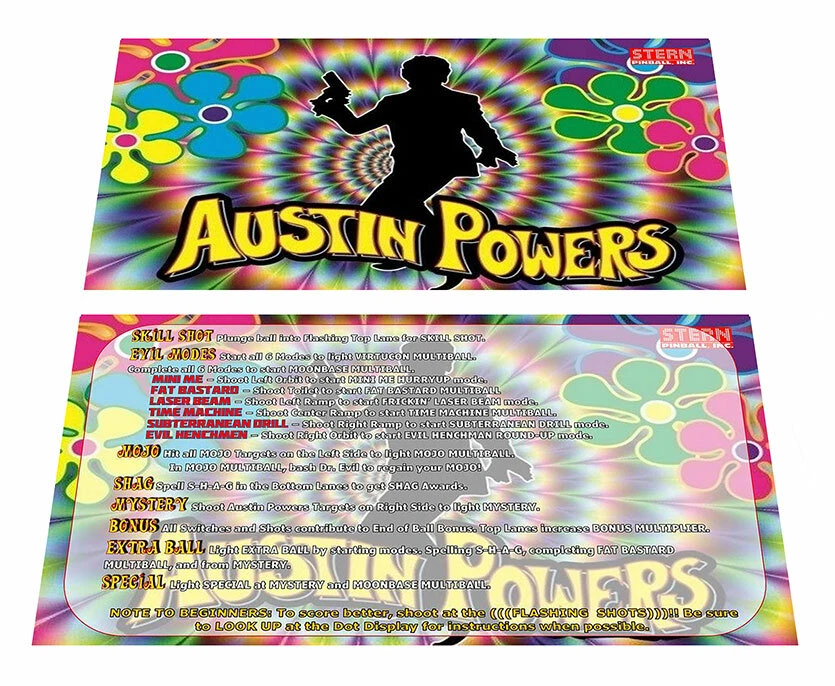 Stern Austin Powers Pinball Custom Apron Instruction Cards v2