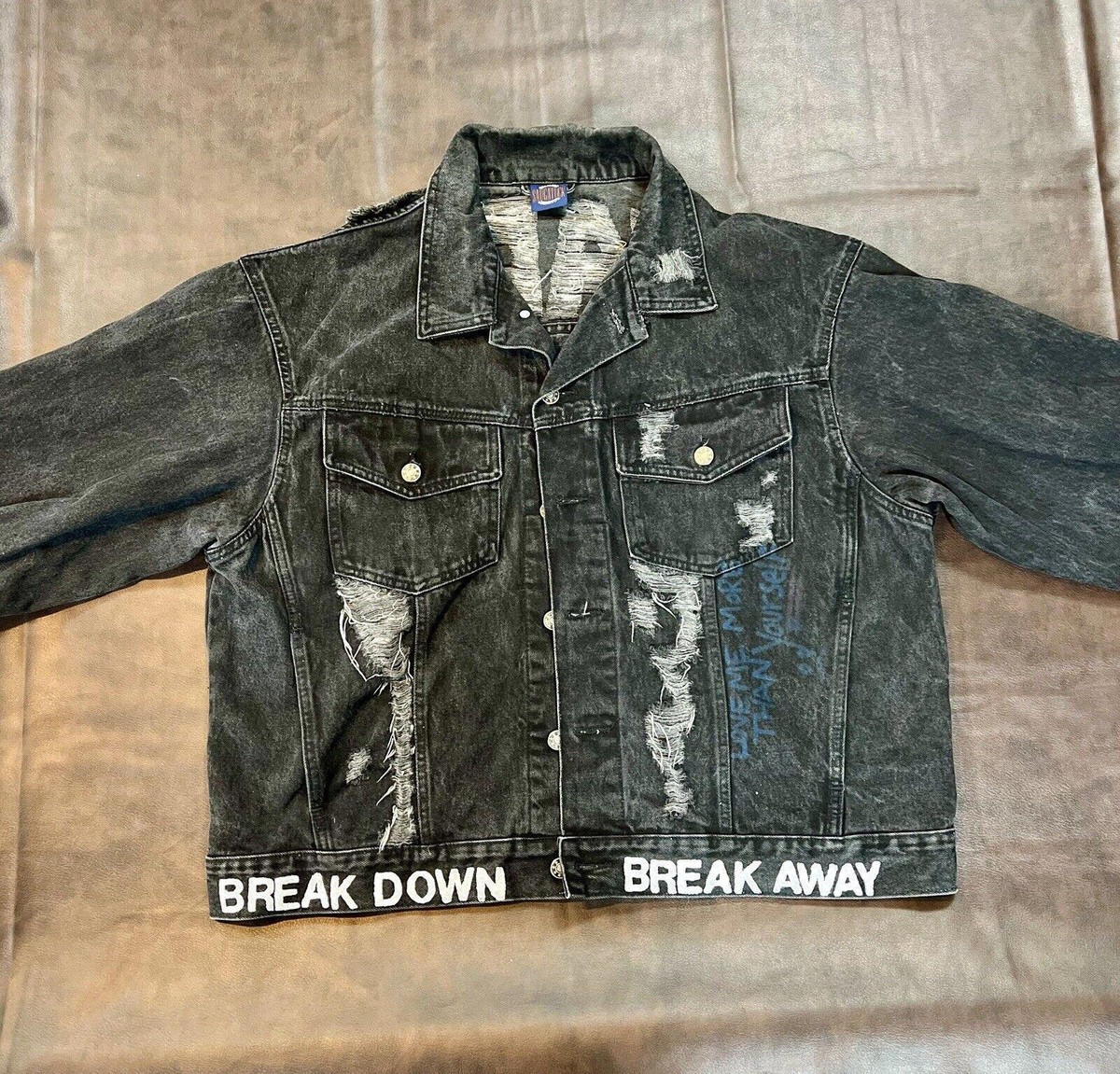 Vintage Distressed Black Denim Jacket with Graphic 'BREAK DOWN' 'BREAK  AWAY'