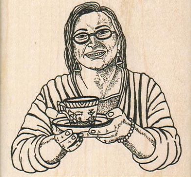 Lady With Cup 2 3/4 x 2 1/2'' Rubber Stamp, Woman Stamp, Lady Stamp