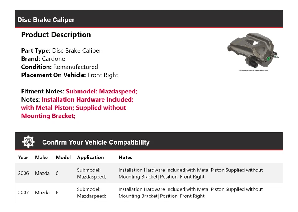 Pinza de freno de disco delantera derecha Cardone para Mazda 6 Mazdaspeed 2006-2007 Foto 2 de 4