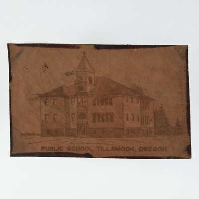 Tillamook Public School Leather Postcard c1907 Oregon Vintage Souvenir C3271